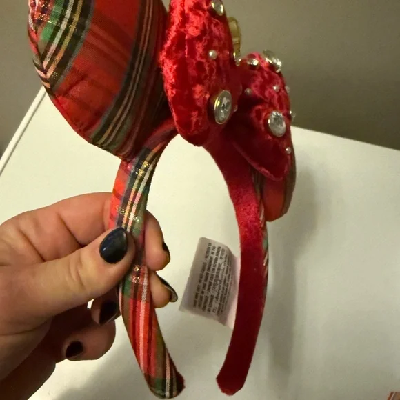Red Plaid Mouse Ears Headband with Bow - Picture 3 of 4